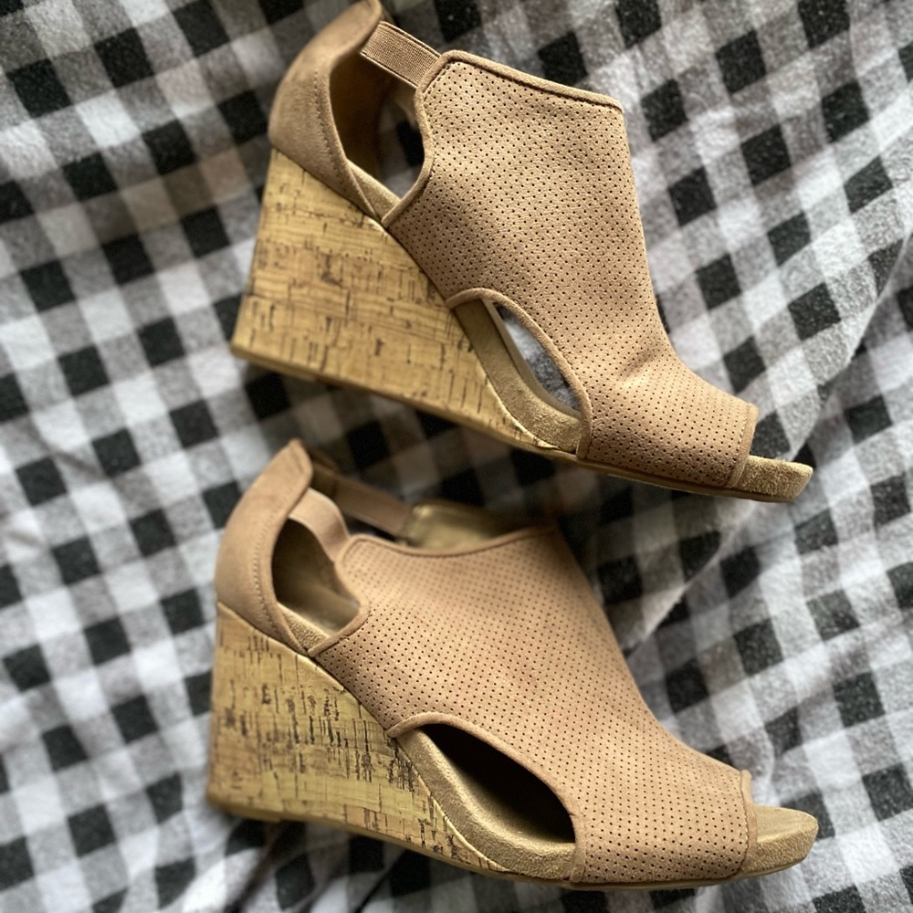 Life Stride Suede peep-toe cork wedges Size 10